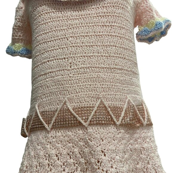 Vintage Handmade Crochet women Barbie style Dress With Scallop Trim Zigzag Belt - Picture 6 of 16